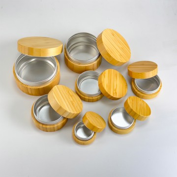 Natural Cosmetic Metal Tin Bamboo Aluminum Jars with Bamboo Tin Lid