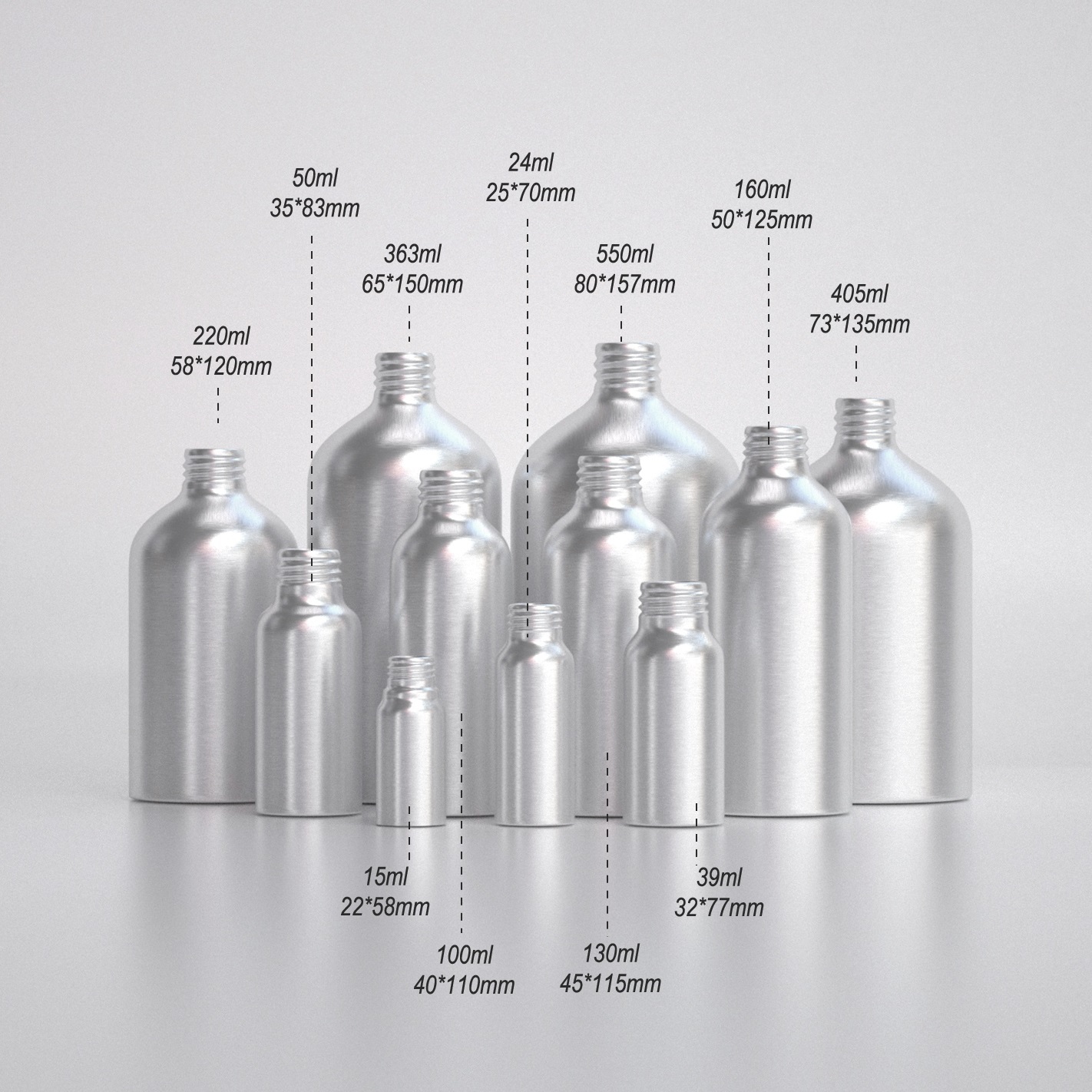 10-600ml silver aluminum bottle