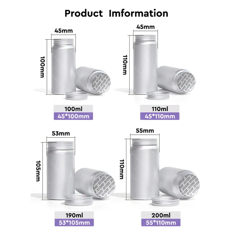Metal packaging bottles for nutraceuticals or vitamins product information.webp