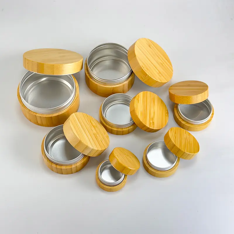 Natural Cosmetic Metal Tin Bamboo Aluminum Jars with Bamboo Tin Lid